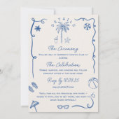 Blue French Beach Illustration Einladung (Rückseite)