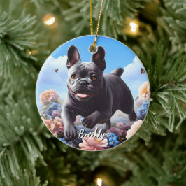 Blue French Bulldog & Blume Keramik Ornament