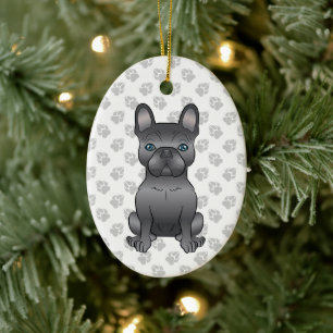 Blue French Bulldog / Frenchie Cartoon Dog & Text Keramik Ornament