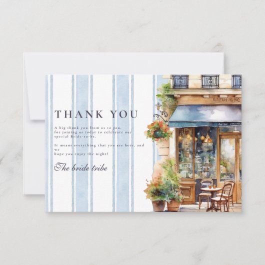 Blue French Café Brautparty Dankeskarte (Vorderseite)