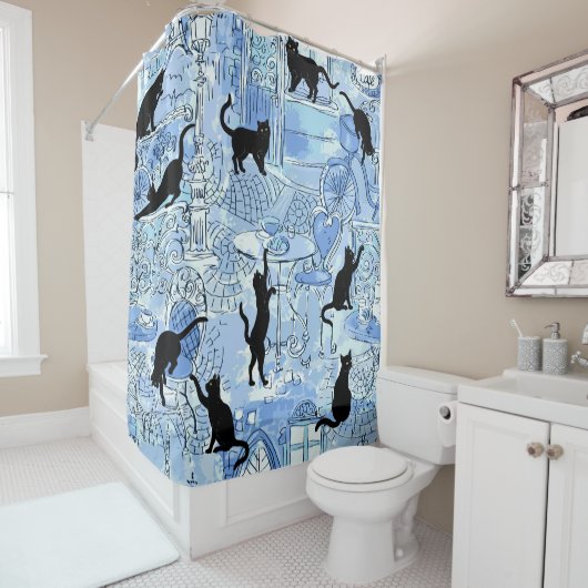 Blue French Cat Paris Café Dusche Vorhang (Beispiel)