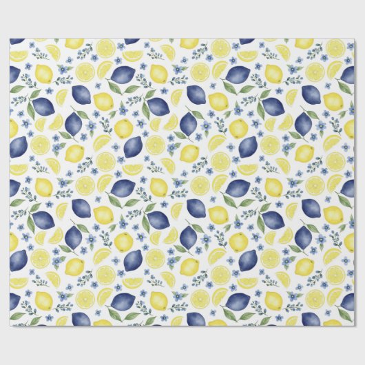 Blue French Country Lemon Pattern Geschenkpapier (Flach)