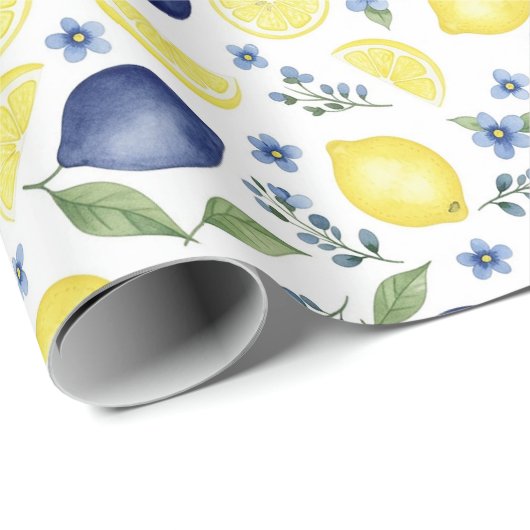Blue French Country Lemon Pattern Geschenkpapier (Rolleneckpunkt)