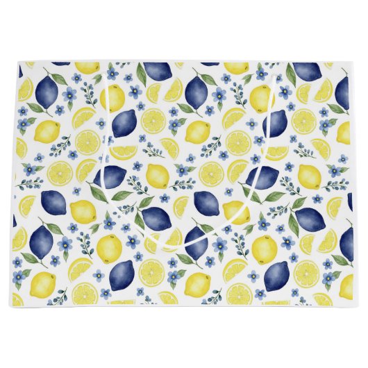 Blue French Country Lemon Pattern Große Geschenktüte (Vorderseite)