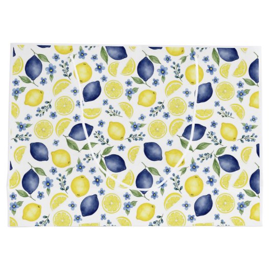 Blue French Country Lemon Pattern Große Geschenktüte (Rückseite)
