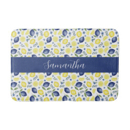 Blue French Country Lemon Pattern Monogram Name Badematte