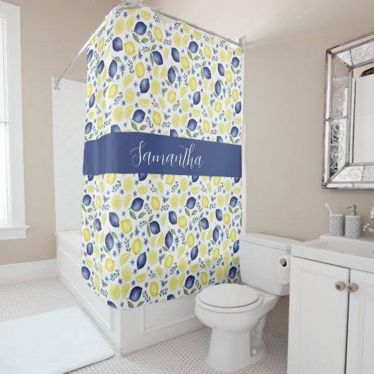Blue French Country Lemon Pattern Monogram Name Duschvorhang (Beispiel)