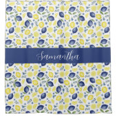 Blue French Country Lemon Pattern Monogram Name Duschvorhang (Vorderseite)
