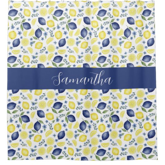 Blue French Country Lemon Pattern Monogram Name  Duschvorhang (Vorderseite)