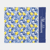 Blue French Country Lemon Pattern Monogram Name Fleecedecke (Vorderseite (Horizontal))