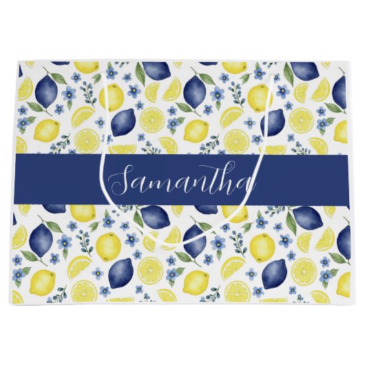Blue French Country Lemon Pattern Monogram Name Große Geschenktüte (Vorderseite)
