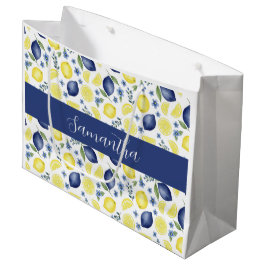 Blue French Country Lemon Pattern Monogram Name  Große Geschenktüte