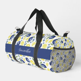 Blue French Country Lemon Pattern Name Duffle Bag