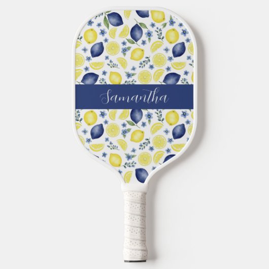 Blue French Country Lemon Pattern Name Pickleball Schläger (Vorderseite)