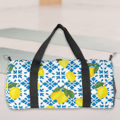 Blue French Country Tile Lemons Pattern Duffle Bag