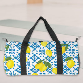 Blue French Country Tile Lemons Pattern Duffle Bag