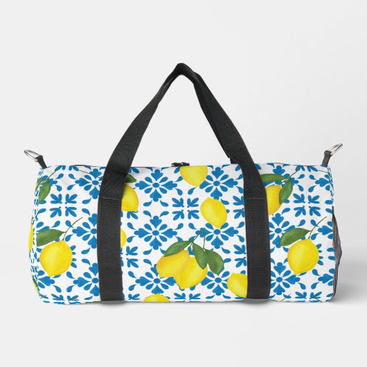 Blue French Country Tile Lemons Pattern Duffle Bag (Vorderseite)