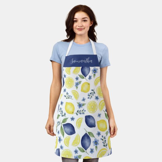 Blue French County Lemon Pattern Monogram Name Schürze (Getragen)