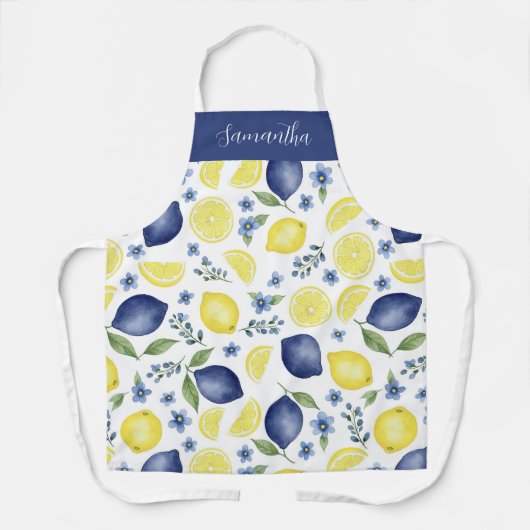 Blue French County Lemon Pattern Monogram Name Schürze (Vorderseite)