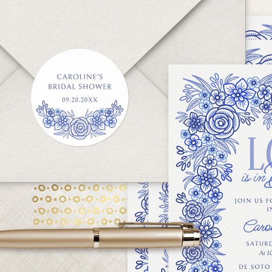 Blue French Floral Brautparty Runder Aufkleber