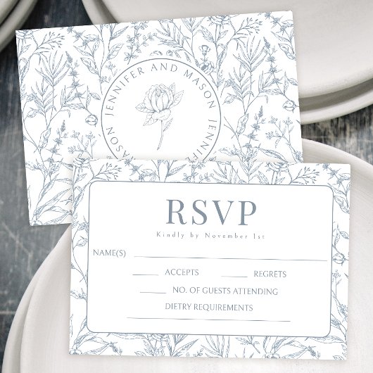 Blue French floral monogram weded RSVP cards Karte