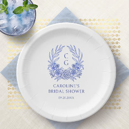 Blue French Floral Monogram Wreath Brautparty Pappteller