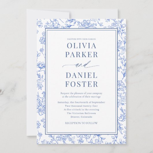 Blue French Floral Photo QR Code Toile Invitation Einladung (Vorderseite)