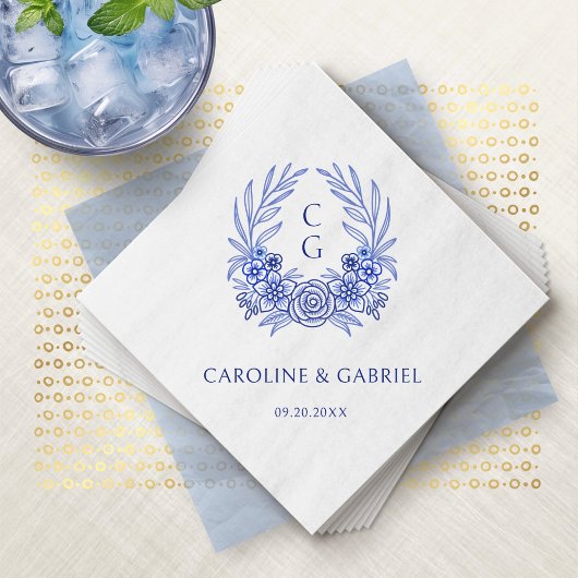 Blue French Floral Wappen Wreath Monogram Wedding Serviette