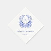 Blue French Floral Wappen Wreath Monogram Wedding Serviette (Ecke)