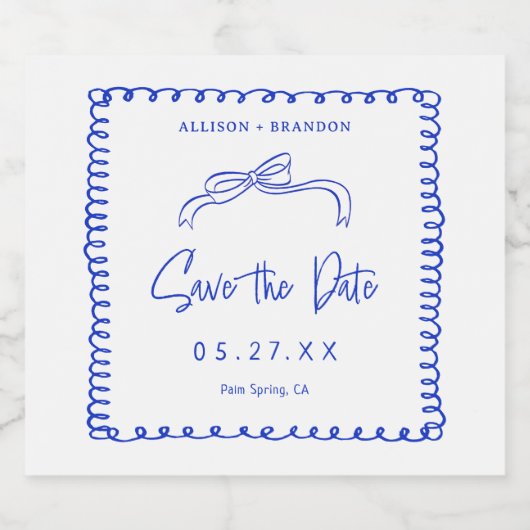 Blue French Save the Date Wedding Monogram Schaumweinetikett (Einzelnes Label)