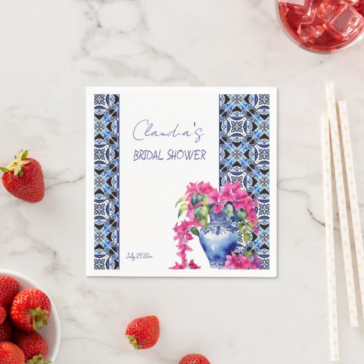 Blue French Tiles Bougainvillea Brautparty Serviette (Beispiel)