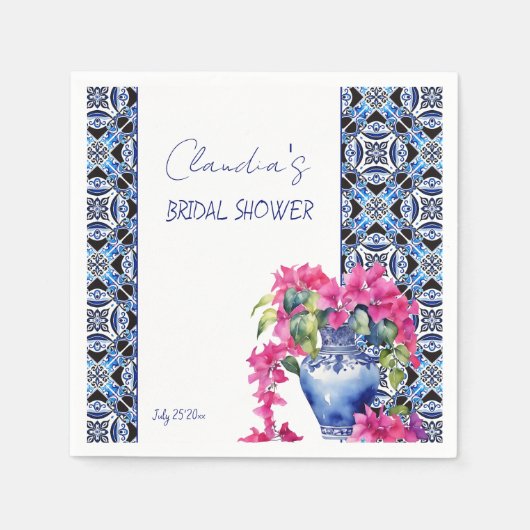 Blue French Tiles Bougainvillea Brautparty Serviette (Vorderseite)
