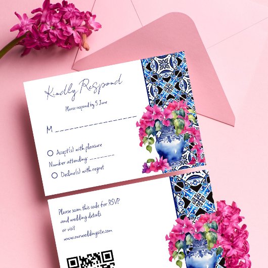 Blue French Tiles Bougainvillea RSVP Karte