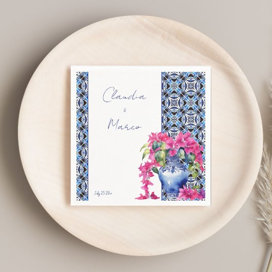 Blue French Tiles Bougainvillea Serviette