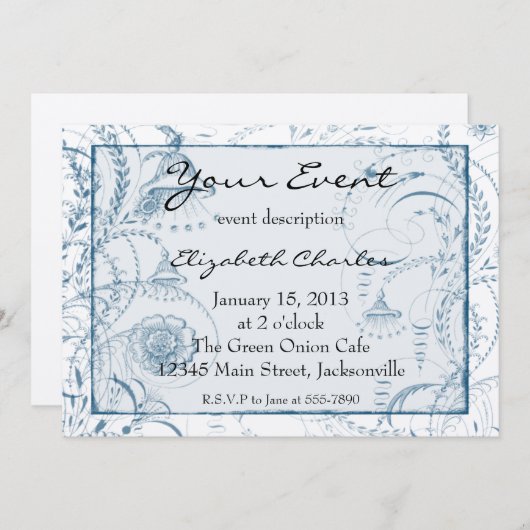 Blue French Toile Custom Invits Version 2 Einladung (Vorne/Hinten)