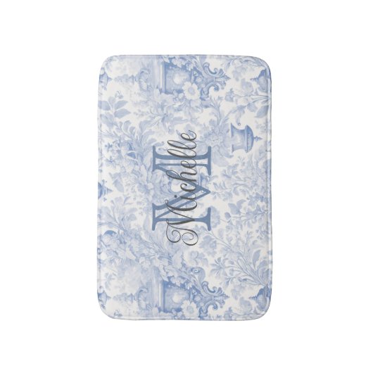 Blue French Toile de Jouy Monogram, Anfangsname Badematte (Vorderseite Vertikal)