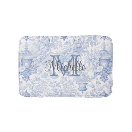 Blue French Toile de Jouy Monogram, Anfangsname Badematte (Vorderseite)