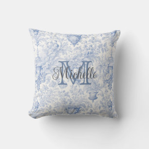Blue French Toile de Jouy Monogram, Anfangsname Kissen