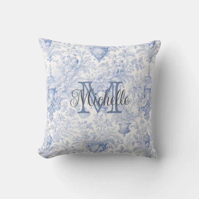 Blue French Toile de Jouy Monogram, Anfangsname Kissen (Vorderseite)