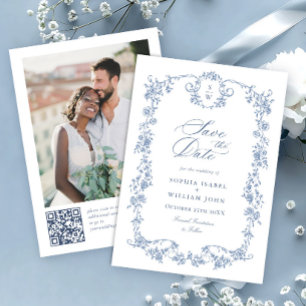Blue French Toile Garden QR Code Foto Wedding Save The Date
