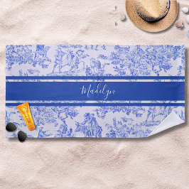 Blue French Toile Individuelle Name Strandtuch