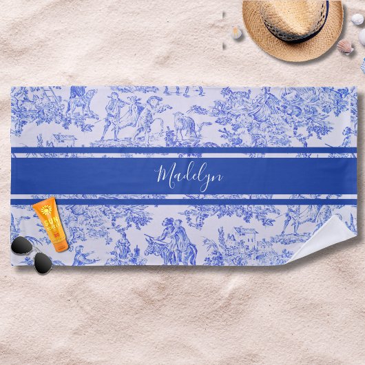 Blue French Toile Individuelle Name Strandtuch