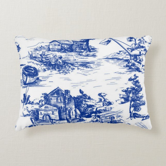 Blue French Toile Lumbar Dekokissen (Vorderseite)