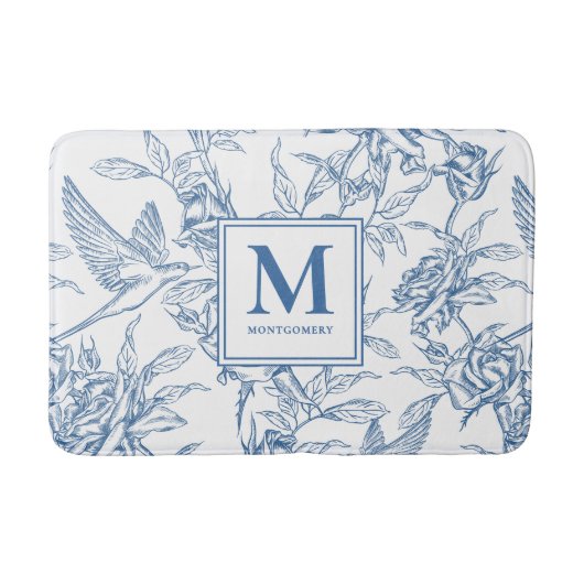 Blue French Toile Monogram Name Badematte (Vorderseite)
