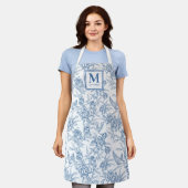 Blue French Toile Monogram Name Schürze (Getragen)