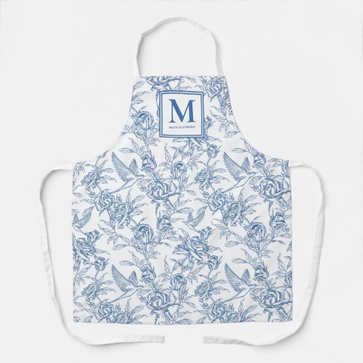 Blue French Toile Monogram Name Schürze (Vorderseite)