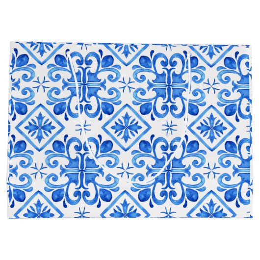 Blue French Toile Pattern Große Geschenktüte (Rückseite)