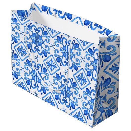 Blue French Toile Pattern Große Geschenktüte (Rückseite Schrägansicht)
