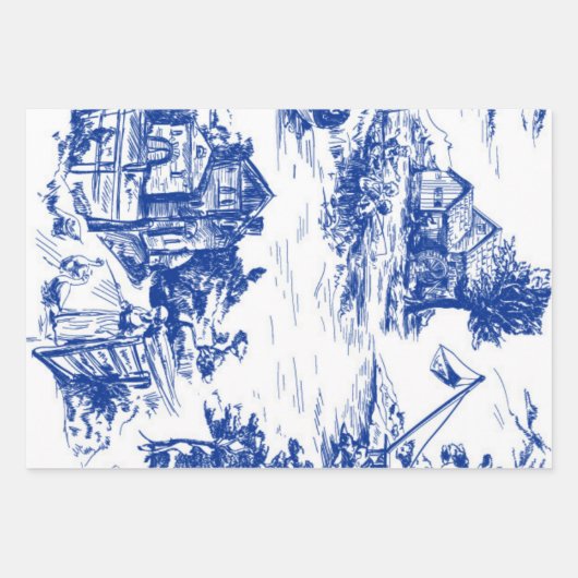 Blue French Toile Round Geschenkpapier Set (Vorderseite)