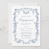 Blue French Viktorianisch Floral Engagement Party Einladung (Vorderseite)